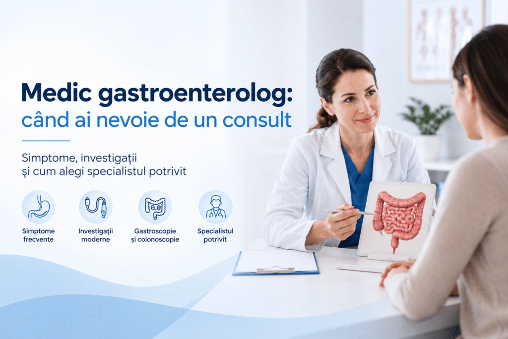 Medic gastroenterolog discută cu un pacient în timpul unui consult de gastroenterologie
